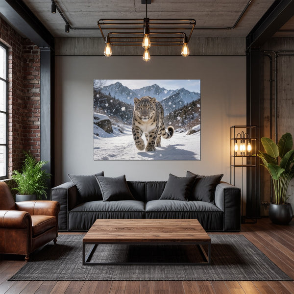 Leinwandbild Schneeleopard im Winterwunderland fuer Wohnzimmer dunkelanthrazit Querformat