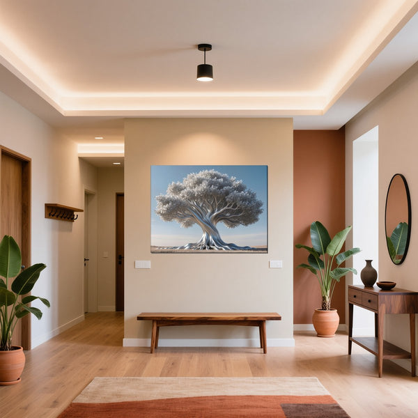 Leinwandbild Silberner Baum fuer Flur und Eingang warmeFarben Querformat