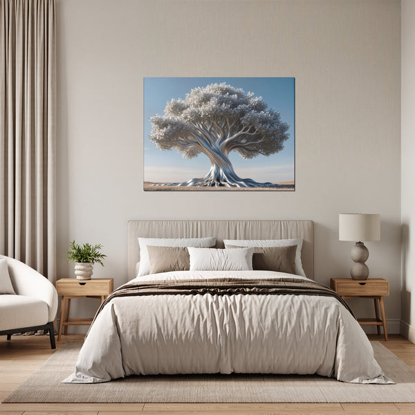 Leinwandbild Silberner Baum fuer Schlafzimmer grauoderbeige Querformat