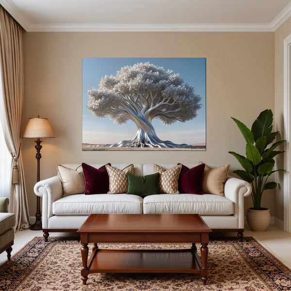 Leinwandbild Silberner Baum fuer Wohnzimmer warmeFarben Querformat