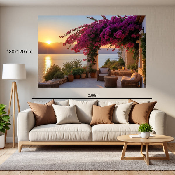 Leinwandbild Sonnenuntergang mit Bougainvillea180x120 cm Querformat