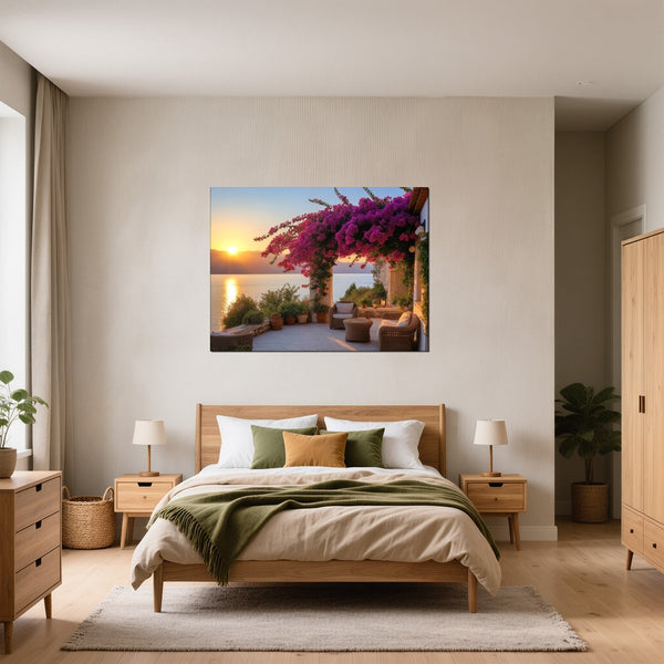 Leinwandbild Sonnenuntergang mit Bougainvillea fuer Schlafzimmer gruen Querformat
