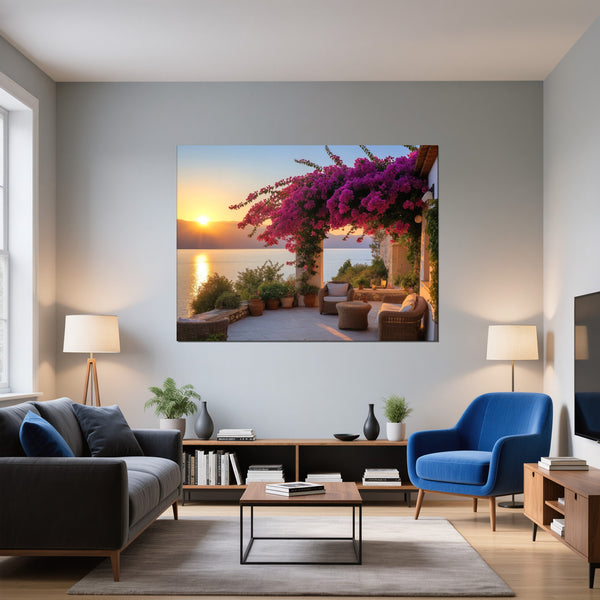 Leinwandbild Sonnenuntergang mit Bougainvillea fuer Wohnzimmer blau Querformat