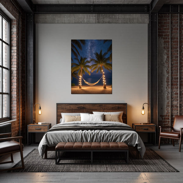 Leinwandbild Sternenhimmel über der Hängematte fuer Schlafzimmer dunkelanthrazit Hochformat