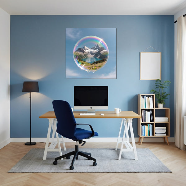 Leinwandbild Traumhafte Berglandschaft in einer Seifenblase fuer Buero und Arbeitszimmer blau Quadrat