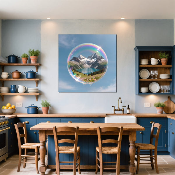Leinwandbild Traumhafte Berglandschaft in einer Seifenblase fuer Kueche und Esszimmer blau Quadrat