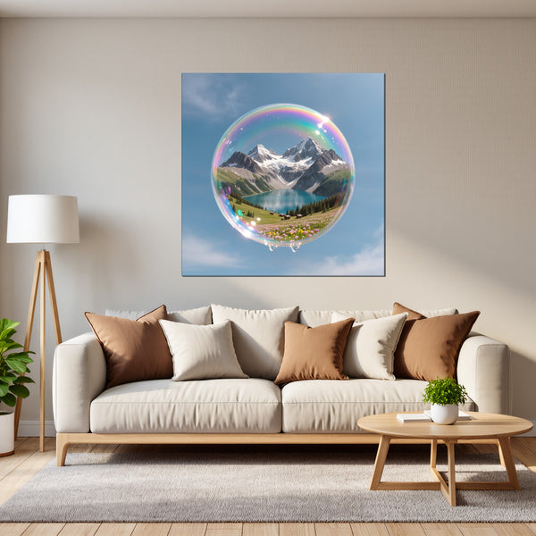 Leinwandbild Traumhafte Berglandschaft in einer Seifenblase fuer Wohnzimmer grauoderbeige Quadrat