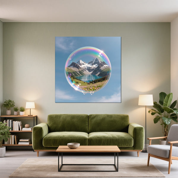 Leinwandbild Traumhafte Berglandschaft in einer Seifenblase fuer Wohnzimmer gruen Quadrat