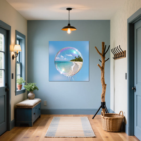 Leinwandbild Traumhafte Seifenblase am Strand fuer Flur und Eingang blau Quadrat