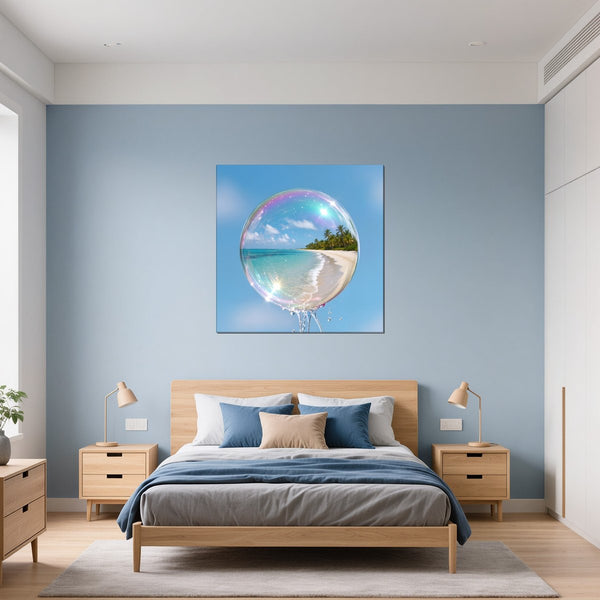 Leinwandbild Traumhafte Seifenblase am Strand fuer Schlafzimmer blau Quadrat