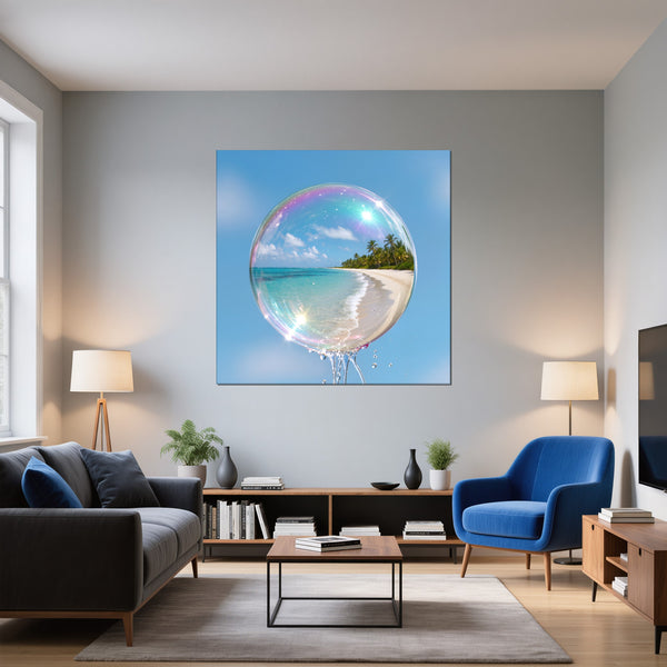 Leinwandbild Traumhafte Seifenblase am Strand fuer Wohnzimmer blau Quadrat