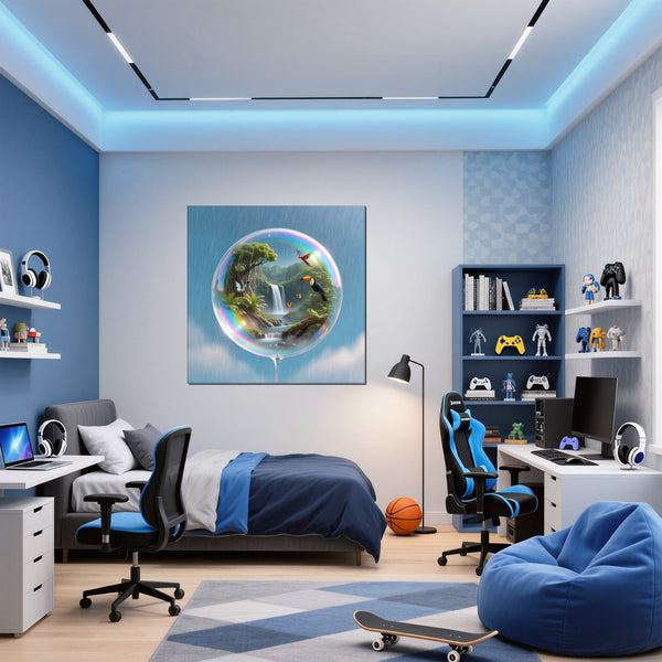 Leinwandbild Tropischer Traum in einer Seifenblase fuer Jugendzimmer blau Quadrat