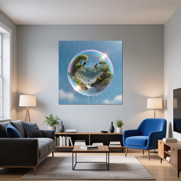 Leinwandbild Tropisches Paradies in einer Seifenblase fuer Wohnzimmer blau Quadrat
