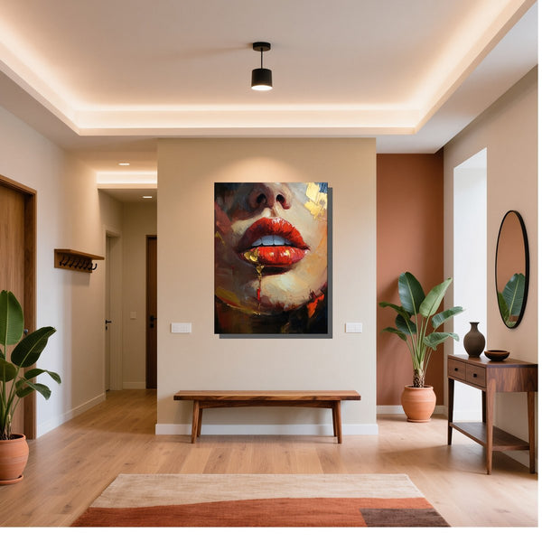 Leinwandbild Verführerische Lippen fuer Flur und Eingang warmeFarben Hochformat