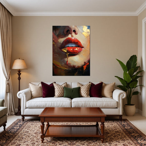 Leinwandbild Verführerische Lippen fuer Wohnzimmer warmeFarben Hochformat