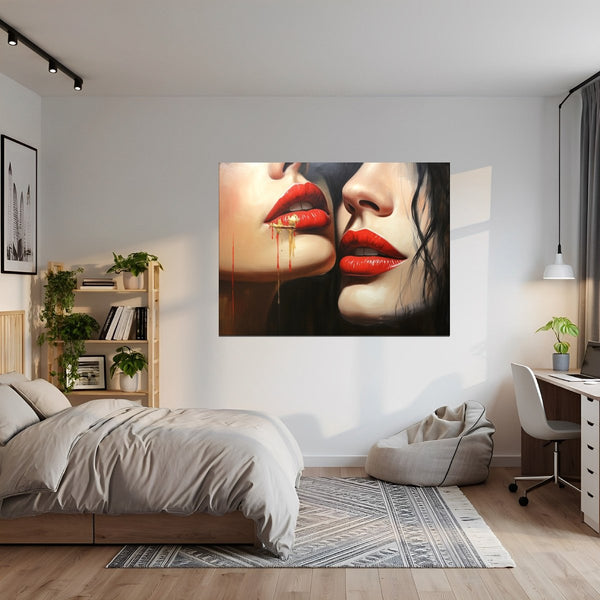 Leinwandbild Verführerische Lippenkunst fuer Jugendzimmer grauoderbeige Querformat
