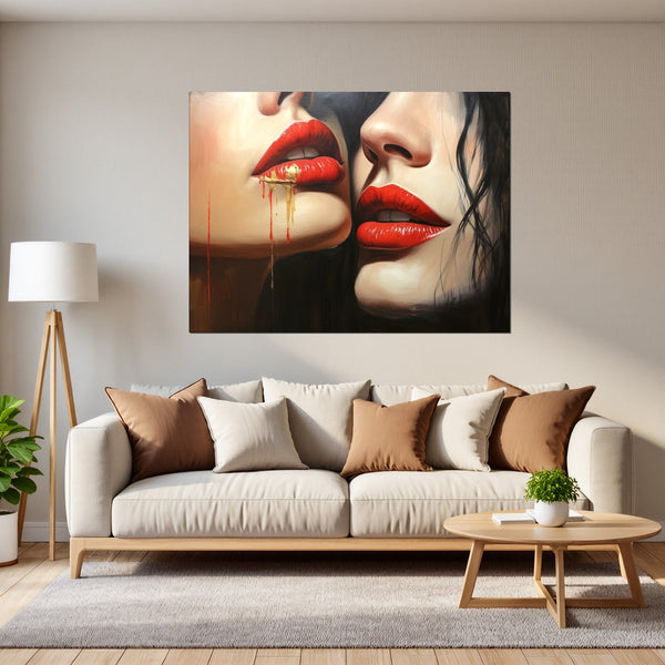 Leinwandbild Verführerische Lippenkunst fuer Wohnzimmer grauoderbeige Querformat