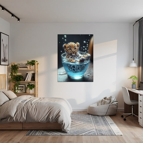 Leinwandbild Verspielt und Niedlich Leopardenjunges im Glas fuer Jugendzimmer grauoderbeige Hochformat