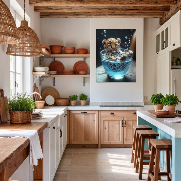 Leinwandbild Verspielt und Niedlich Leopardenjunges im Glas fuer Kueche und Esszimmer warmeFarben Hochformat