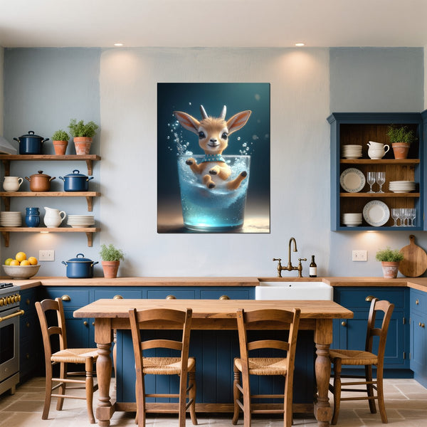 Leinwandbild Verspielte Freude im Glas fuer Kueche und Esszimmer blau Hochformat