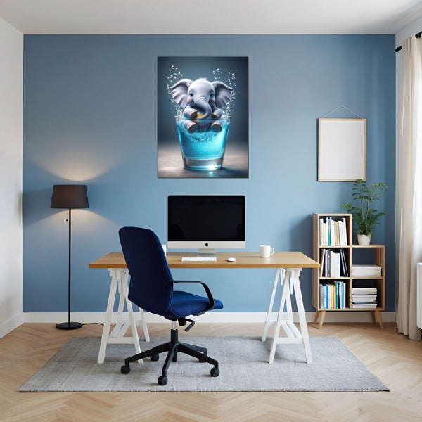 Leinwandbild Verspielter Elefant im Glas fuer Buero und Arbeitszimmer blau Hochformat