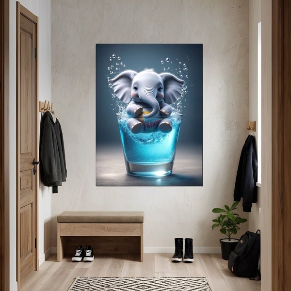 Leinwandbild Verspielter Elefant im Glas fuer Flur und Eingang grauoderbeige Hochformat