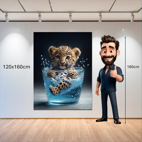 Leinwandbild Verspielter Leopard im Wasser 120x160 cm Hochformat
