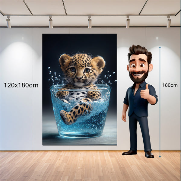Leinwandbild Verspielter Leopard im Wasser 120x180 cm Hochformat