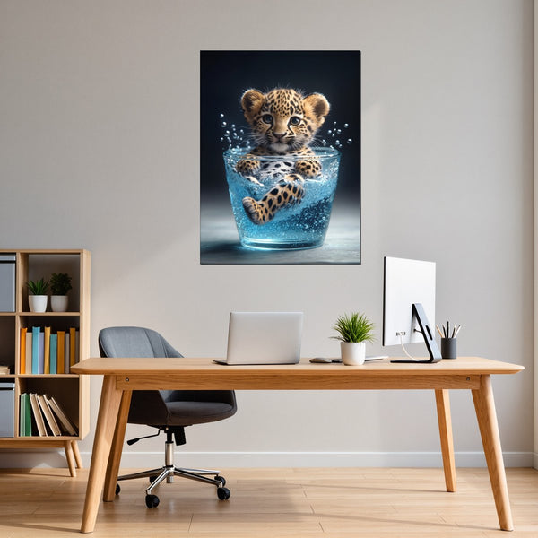 Leinwandbild Verspielter Leopard im Wasser fuer Buero und Arbeitszimmer warmeFarben Hochformat