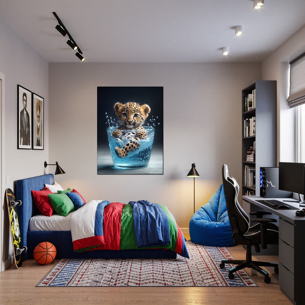 Leinwandbild Verspielter Leopard im Wasser fuer Jugendzimmer warmeFarben Hochformat
