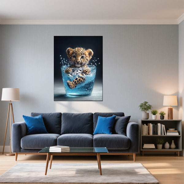 Leinwandbild Verspielter Leopard im Wasser fuer Wohnzimmer blau Hochformat