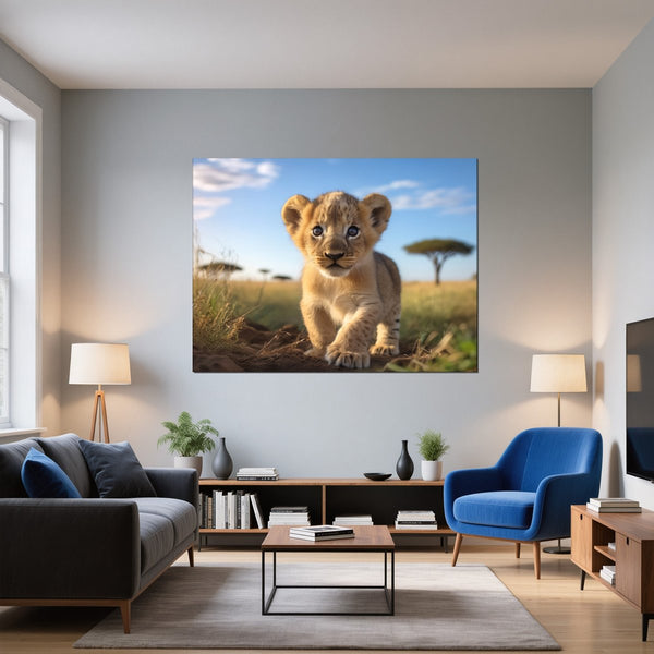Leinwandbild Verspielter Löwe fuer Wohnzimmer blau Querformat