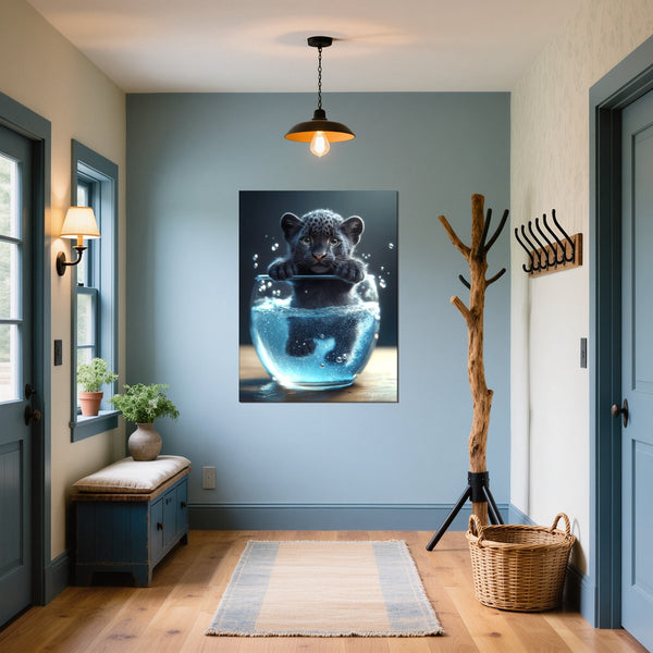 Leinwandbild Verspielter Panther im Wasser fuer Flur und Eingang blau Hochformat