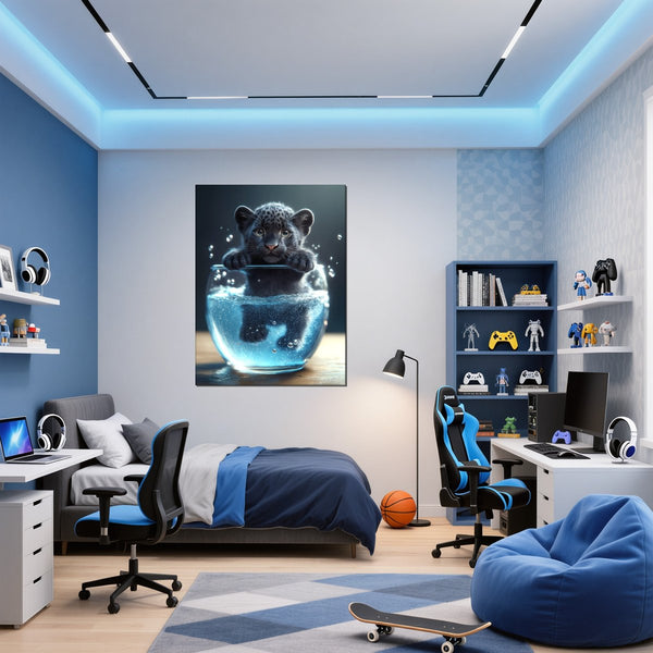 Leinwandbild Verspielter Panther im Wasser fuer Jugendzimmer blau Hochformat