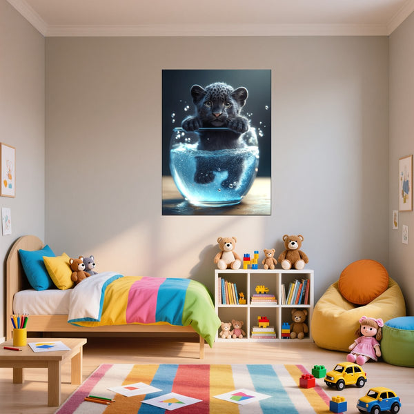 Leinwandbild Verspielter Panther im Wasser fuer Kinderzimmer Hochformat