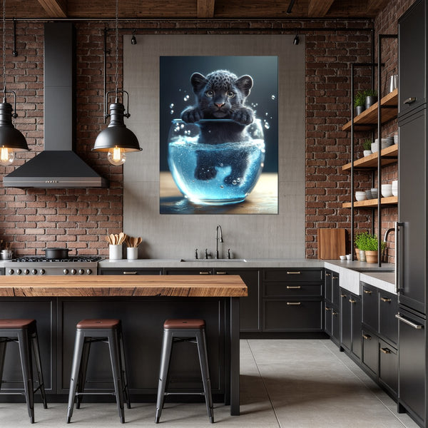 Leinwandbild Verspielter Panther im Wasser fuer Kueche und Esszimmer dunkelanthrazit Hochformat