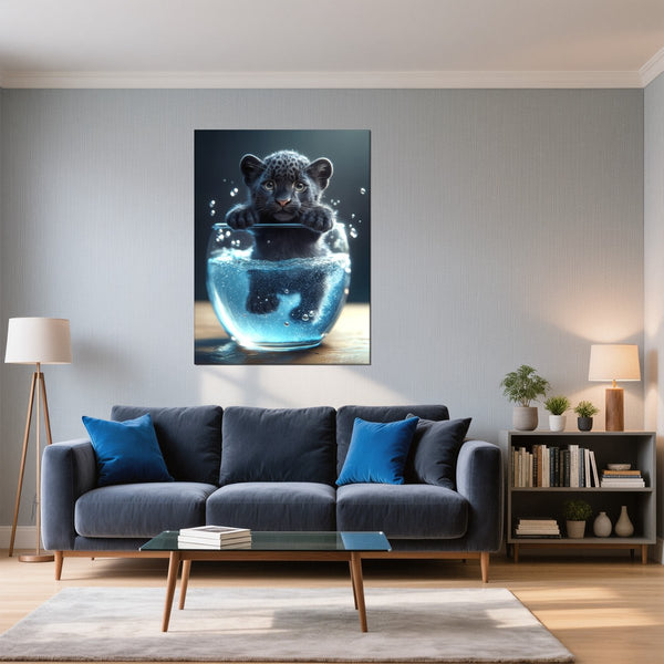 Leinwandbild Verspielter Panther im Wasser fuer Wohnzimmer blau Hochformat