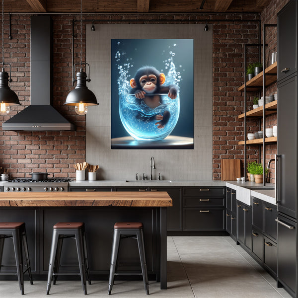 Leinwandbild Verspielter Schimpanse im Wasser fuer Kueche und Esszimmer dunkelanthrazit Hochformat