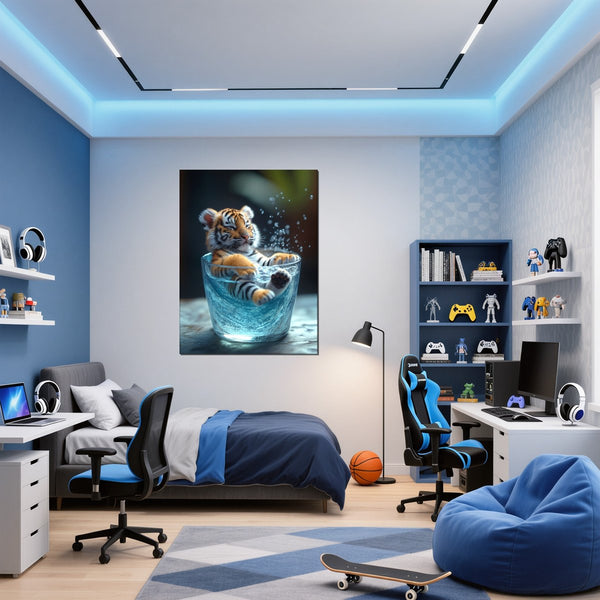 Leinwandbild Verspielter Tiger im Wasser fuer Jugendzimmer blau Hochformat