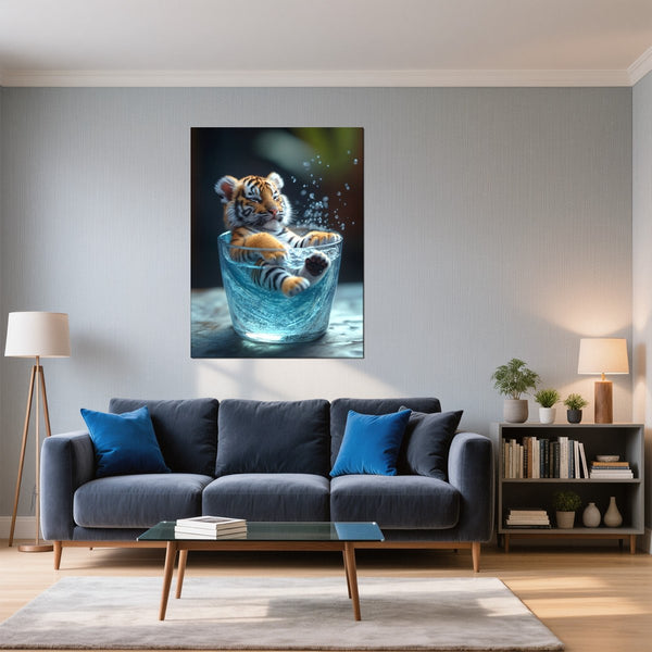 Leinwandbild Verspielter Tiger im Wasser fuer Wohnzimmer blau Hochformat