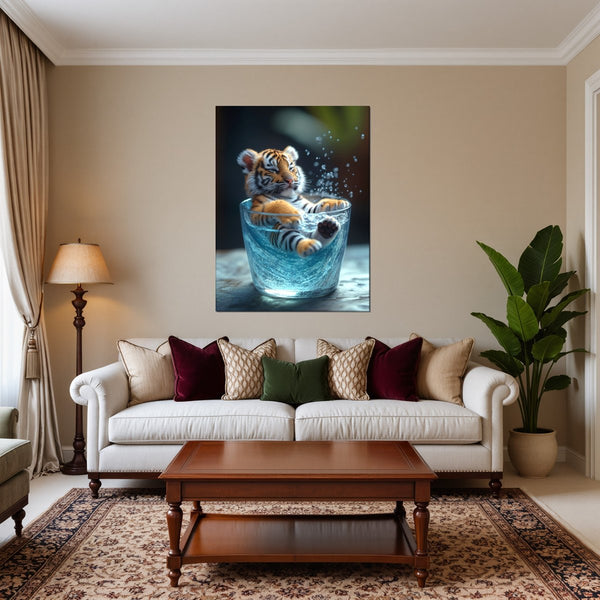 Leinwandbild Verspielter Tiger im Wasser fuer Wohnzimmer warmeFarben Hochformat