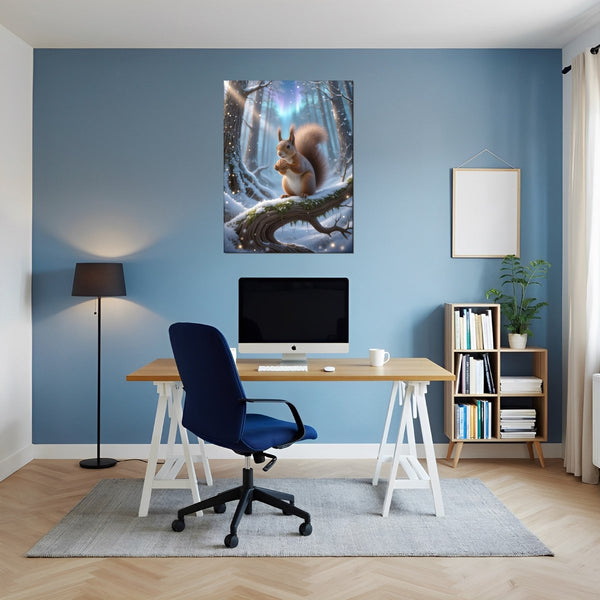 Leinwandbild Verspieltes Eichhörnchen im Winterwald fuer Buero und Arbeitszimmer blau Hochformat