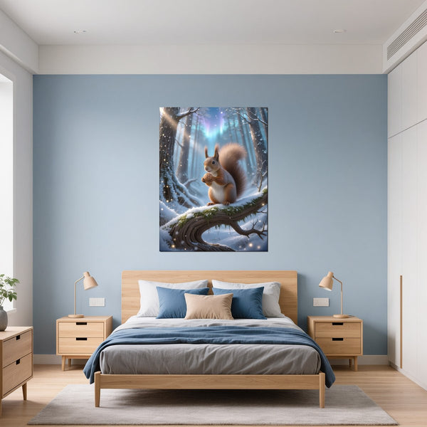 Leinwandbild Verspieltes Eichhörnchen im Winterwald fuer Schlafzimmer blau Hochformat