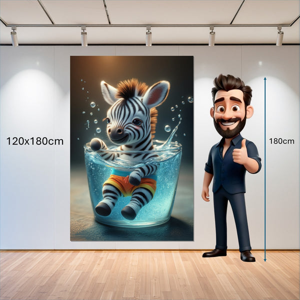 Leinwandbild Verspieltes Zebra im Wasser 120x180 cm Hochformat