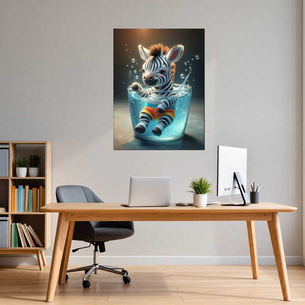 Leinwandbild Verspieltes Zebra im Wasser fuer Buero und Arbeitszimmer warmeFarben Hochformat
