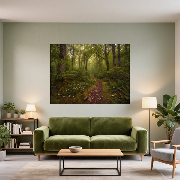 Leinwandbild Verzauberter Waldweg fuer Wohnzimmer gruen Querformat