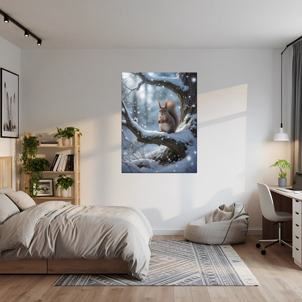Leinwandbild Winterliche Eichhörnchenfreude fuer Jugendzimmer grauoderbeige Hochformat