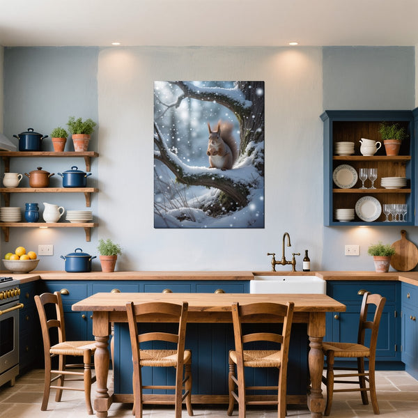 Leinwandbild Winterliche Eichhörnchenfreude fuer Kueche und Esszimmer blau Hochformat