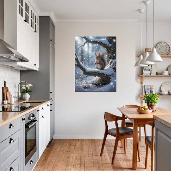 Leinwandbild Winterliche Eichhörnchenfreude fuer Kueche und Esszimmer grauoderbeige Hochformat