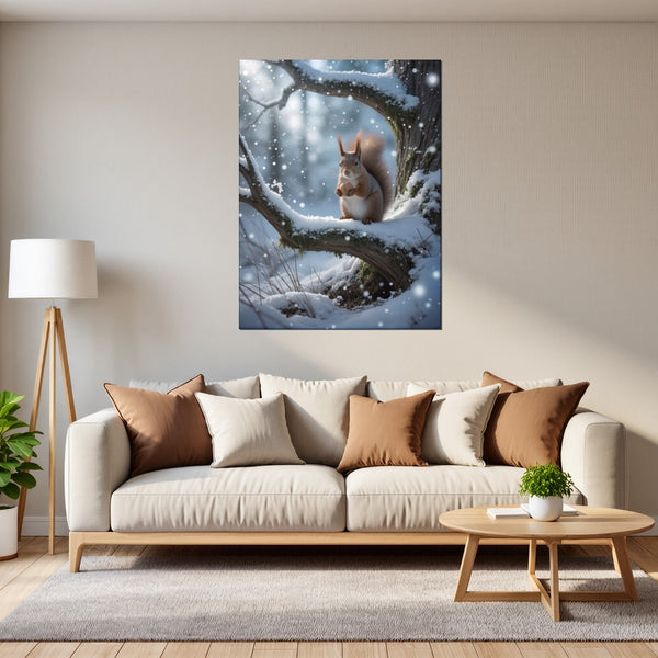 Leinwandbild Winterliche Eichhörnchenfreude fuer Wohnzimmer grauoderbeige Hochformat